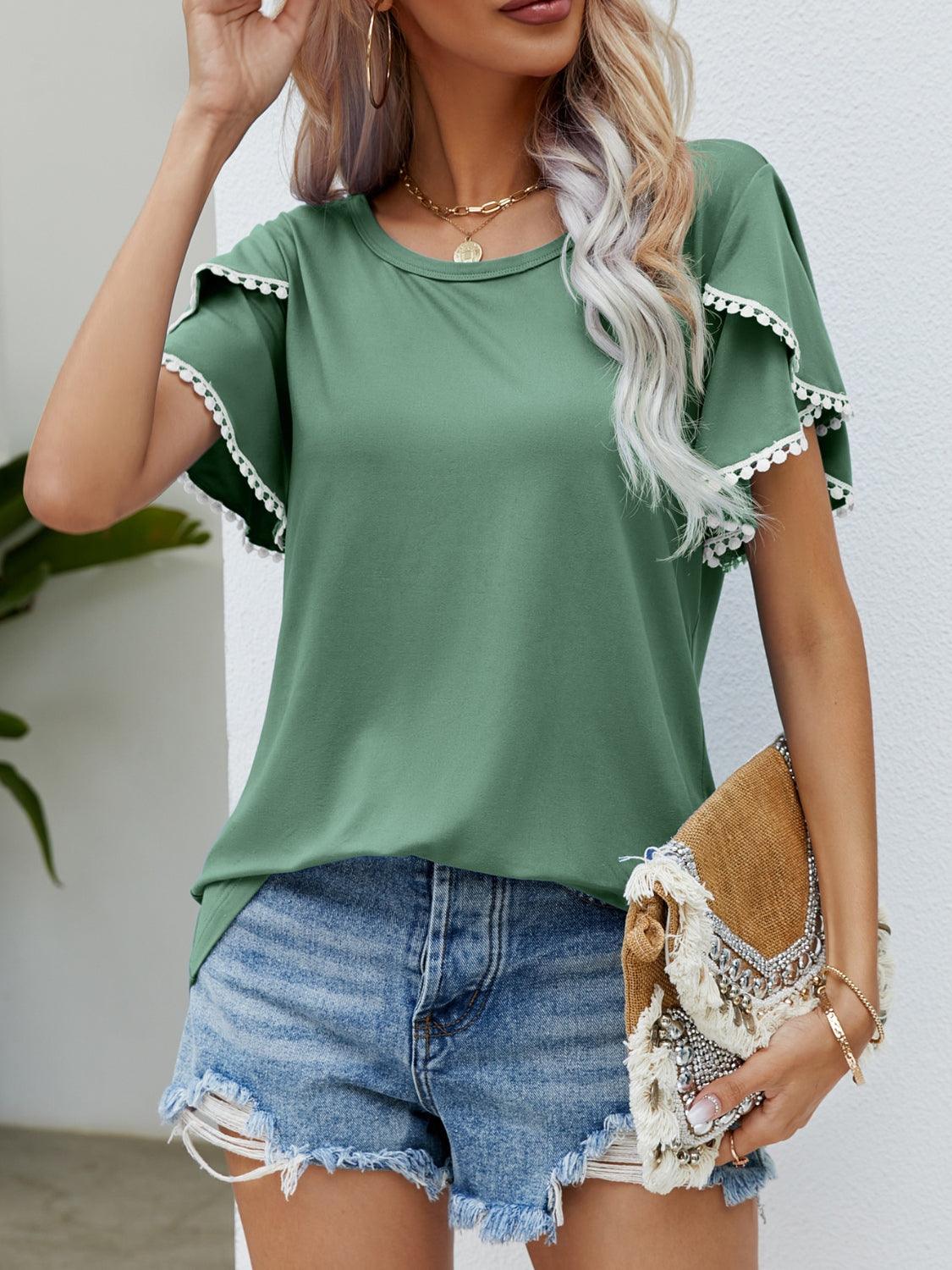 Pom-Pom Trim Flutter Sleeve Round Neck T-Shirt - Leo’s Look Your Best