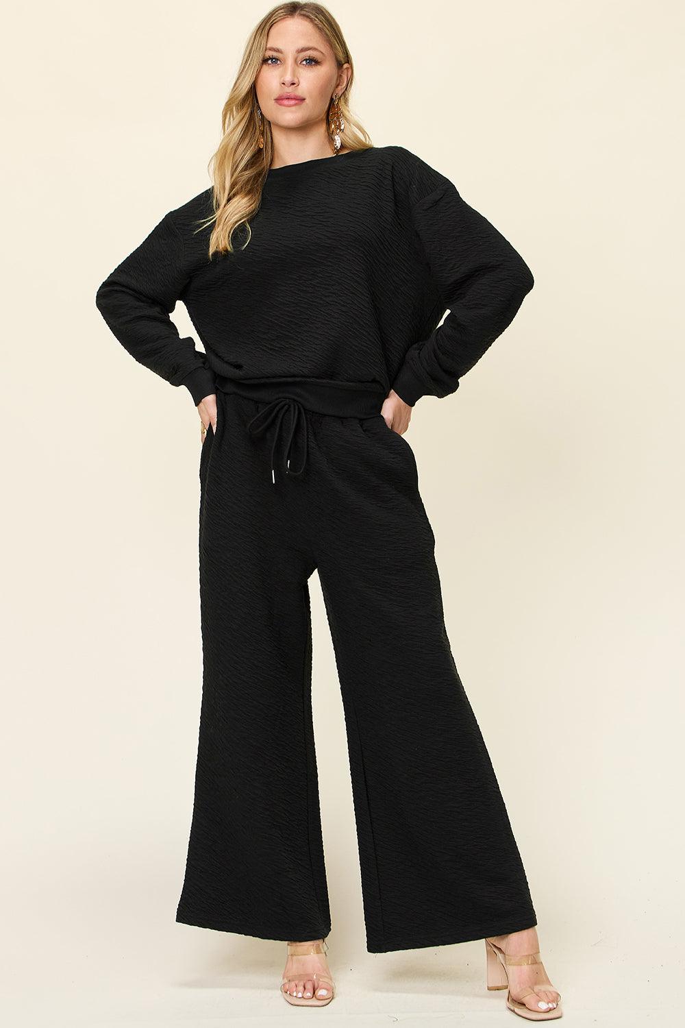 Double Take Full Size Texture Long Sleeve Top and Pants Set - Leo’s Look Your Best