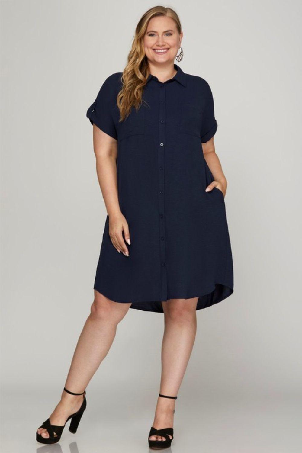 She + Sky Full Size Button Down Short Sleeve Woven Shirt Dress Plus Size - Leo’s Look Your Best