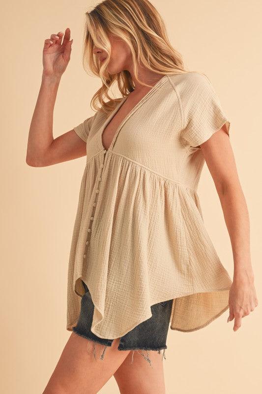Aemi + Co Tuck Detail V-Neck Short Sleeve Blouse - Leo’s Look Your Best