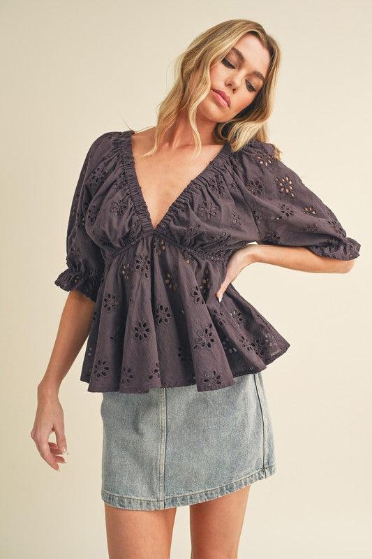 Aemi + Co Eyelet Embroidered V-Neck Half Sleeve Peplum Blouse - Leo’s Look Your Best