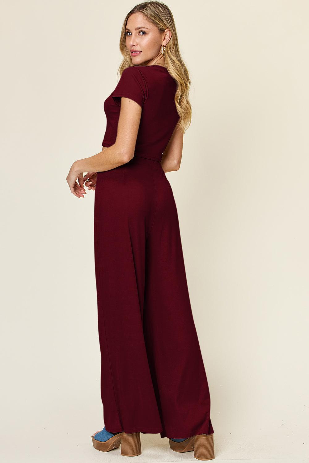 Double Take Full Size Round Neck Top and Pants Set - Leo’s Look Your Best