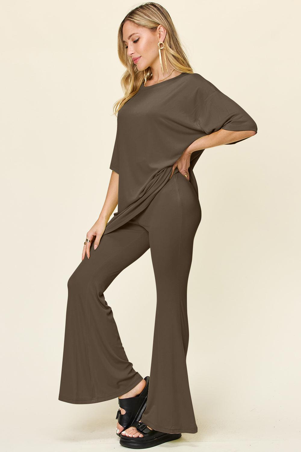 Double Take Full Size Round Neck Drop Shoulder T-Shirt and Flare Pants Set - Leo’s Look Your Best