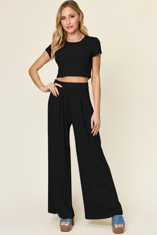 Double Take Full Size Round Neck Top and Pants Set - Leo’s Look Your Best
