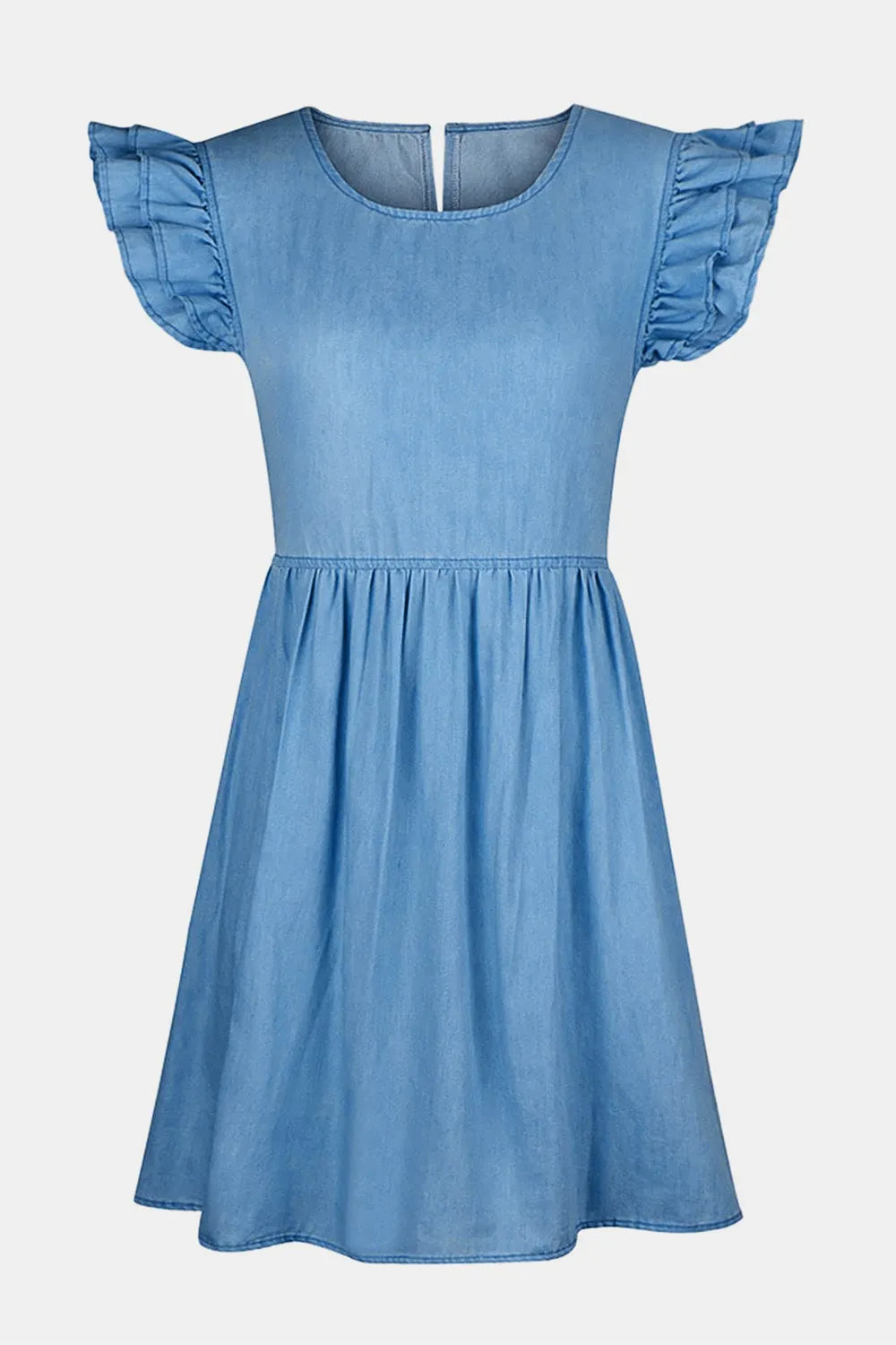 Blue dress with ruffled sleeves on a white background
