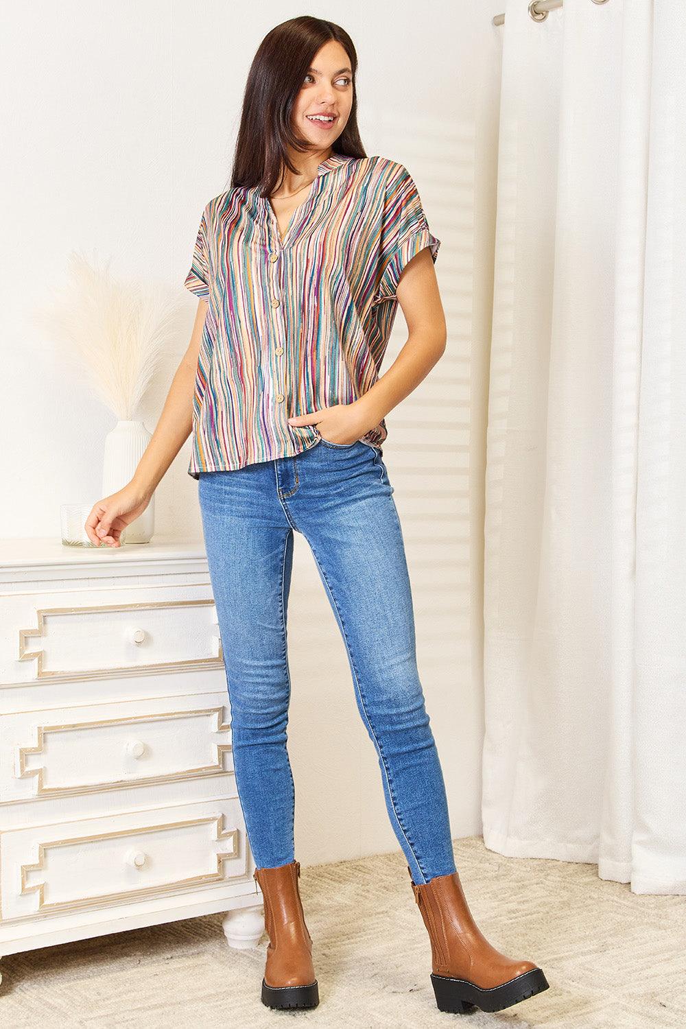 Shiny Multicolored Stripe Notched Neck Top - Leo’s Look Your Best