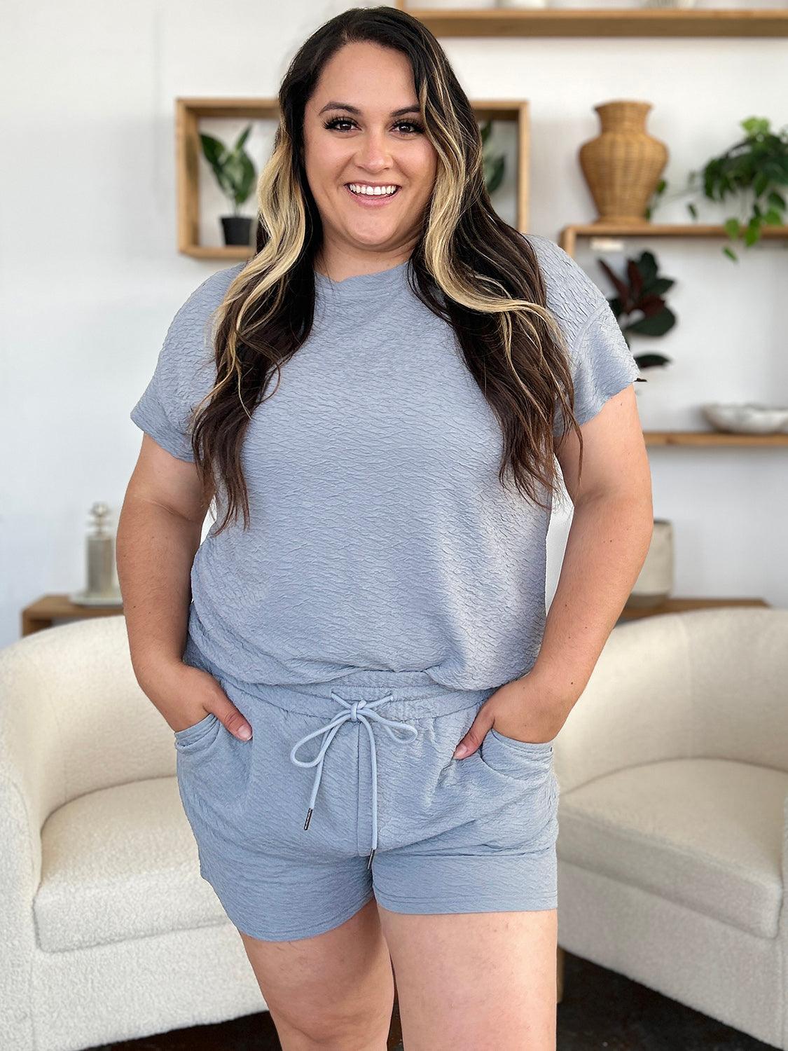 Double Take Full Size Texture Short Sleeve T-Shirt and Drawstring Shorts Set - Leo’s Look Your Best