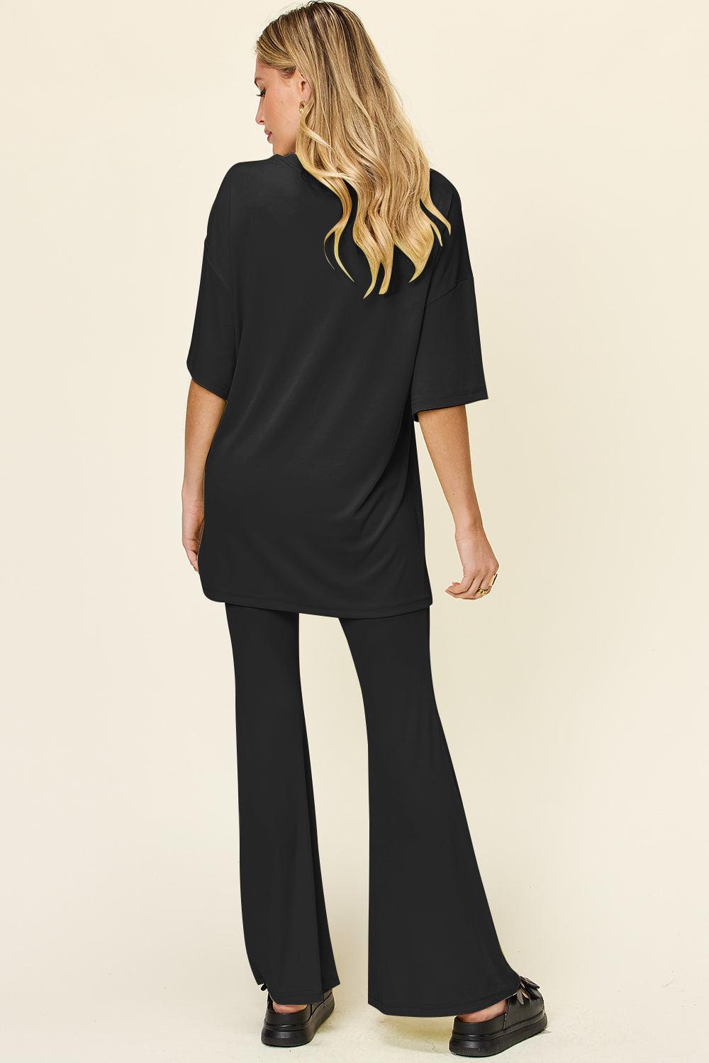 Double Take Full Size Round Neck Drop Shoulder T-Shirt and Flare Pants Set - Leo’s Look Your Best