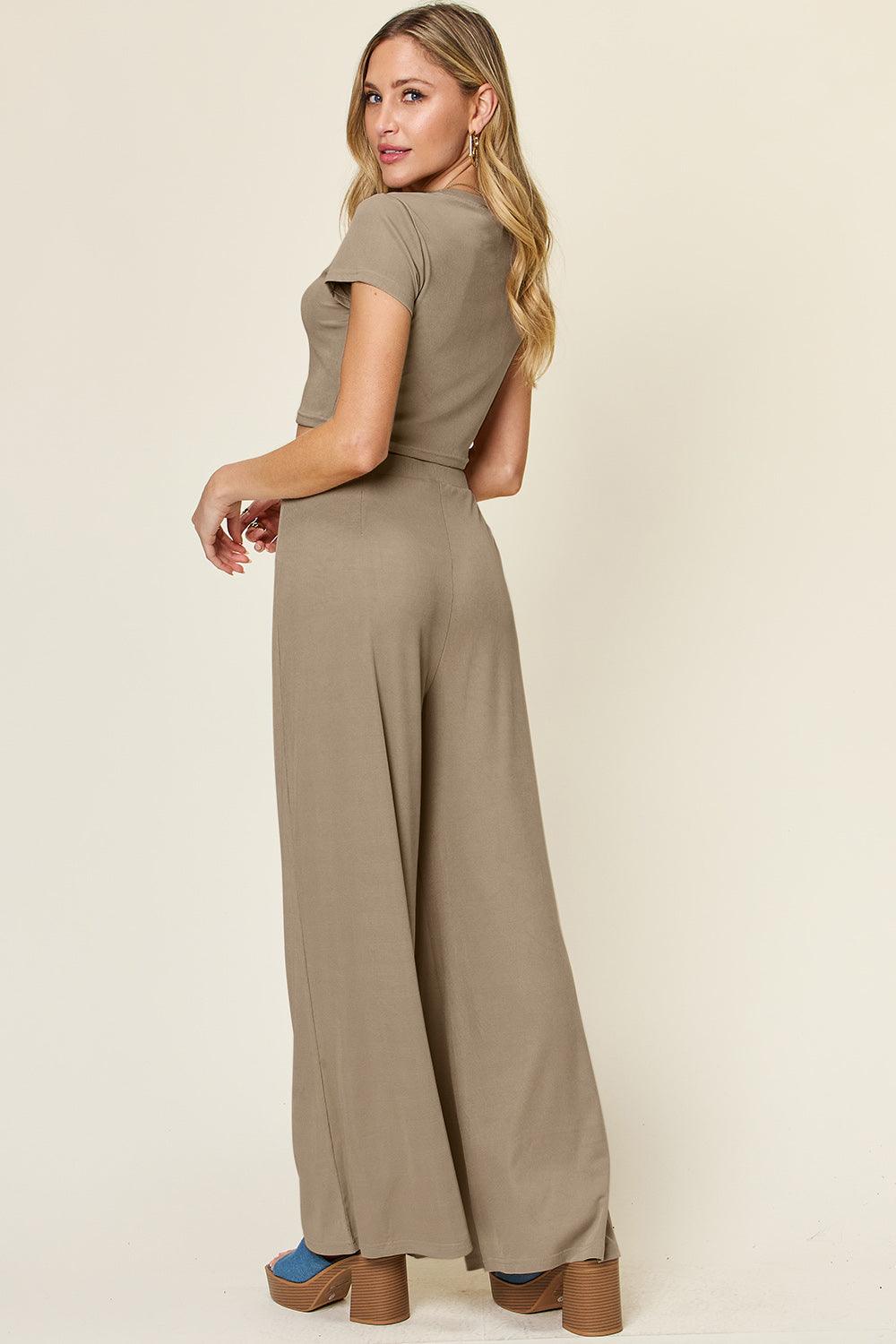 Double Take Full Size Round Neck Top and Pants Set - Leo’s Look Your Best