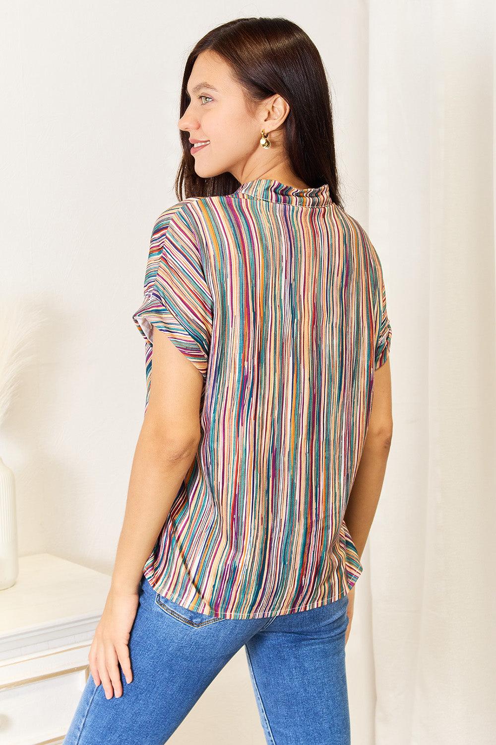 Shiny Multicolored Stripe Notched Neck Top - Leo’s Look Your Best