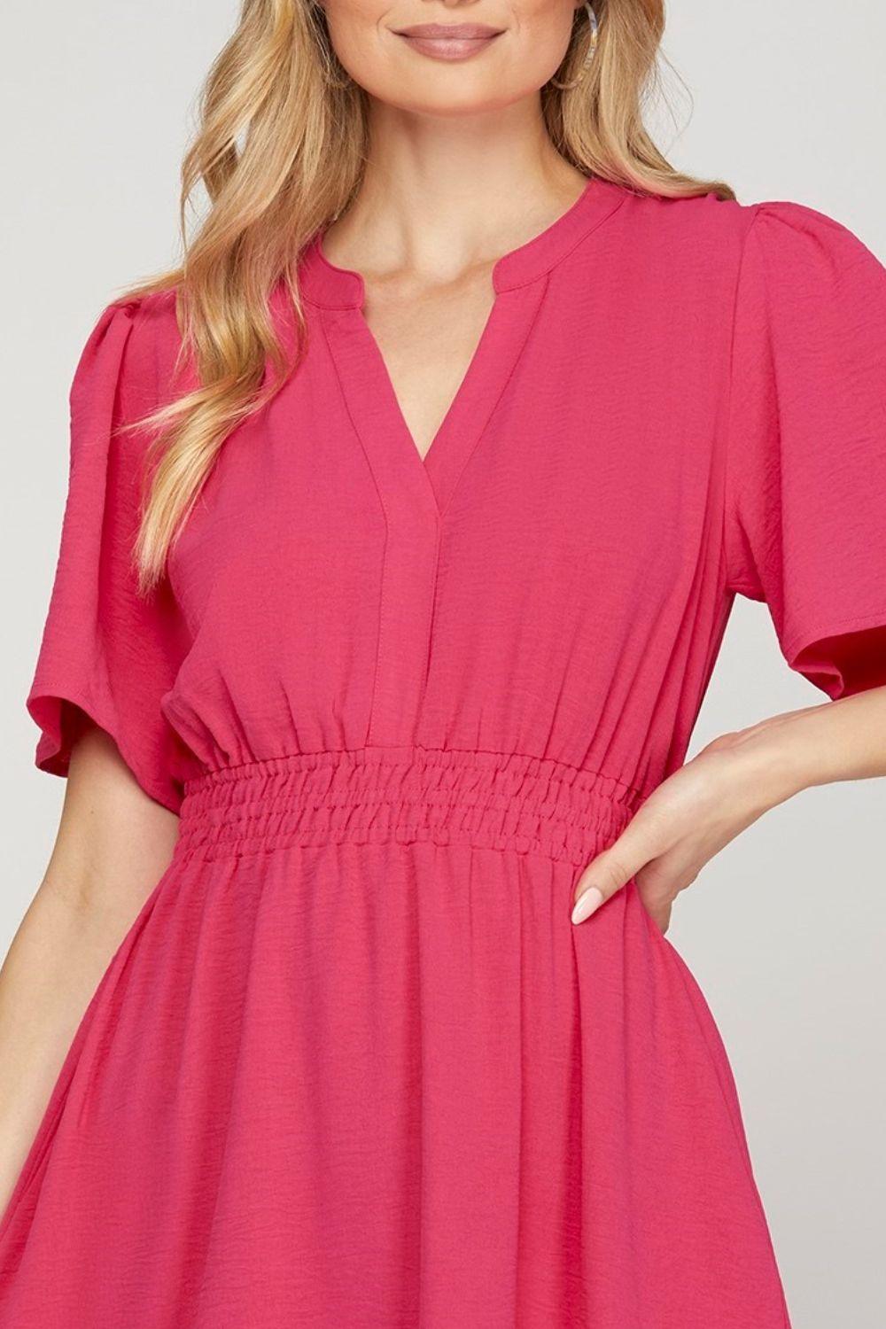 She + Sky Ruffled Hem Notched Flutter Sleeve Mini Dress - Leo’s Look Your Best