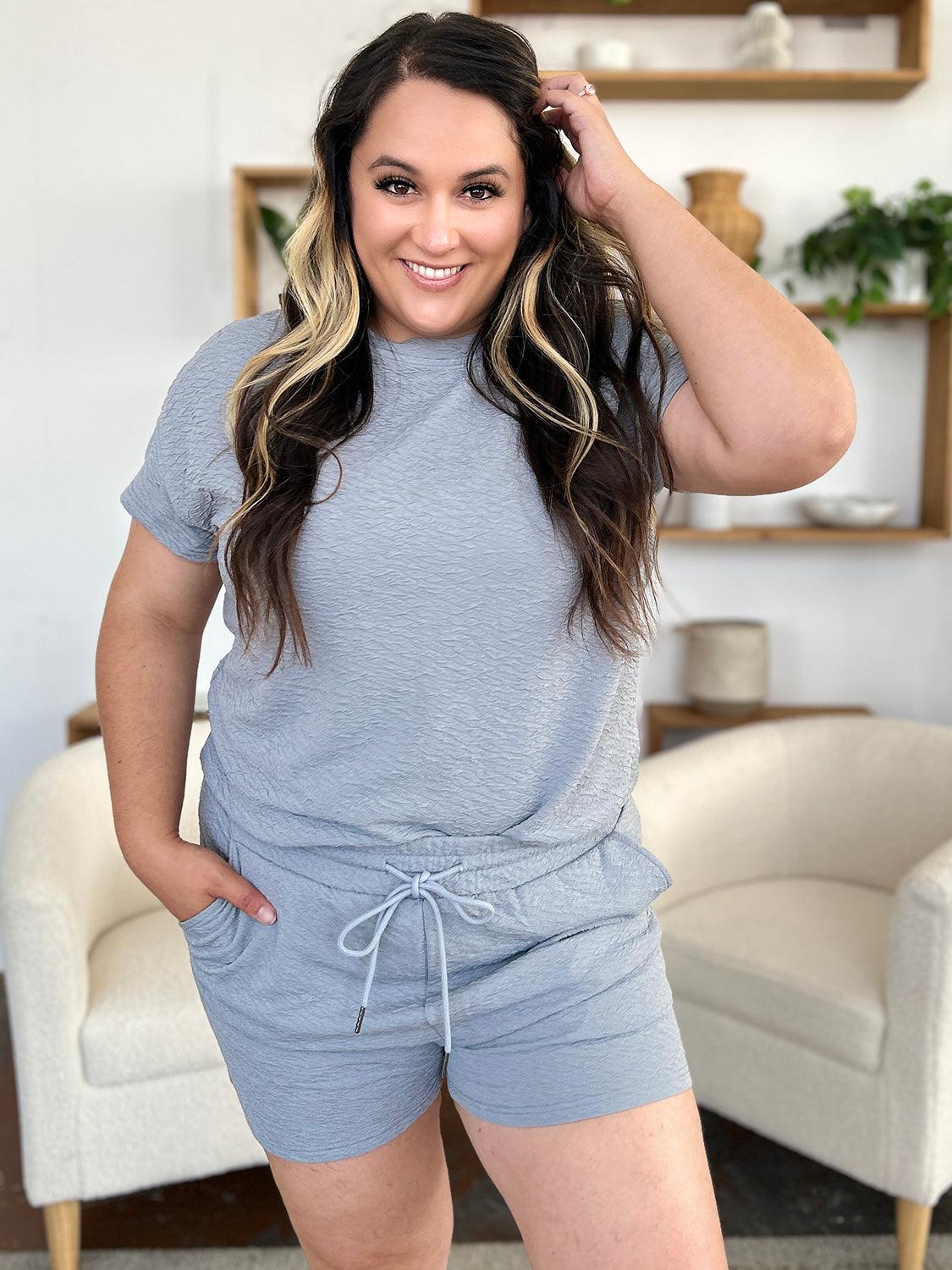 Double Take Full Size Texture Short Sleeve T-Shirt and Drawstring Shorts Set - Leo’s Look Your Best