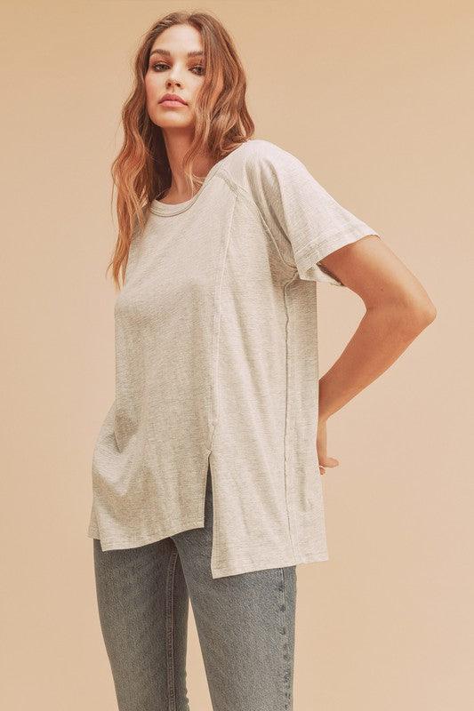 Aemi + Co Asymmetrical Front Slit Round Neck Raglan Sleeve T-Shirt - Leo’s Look Your Best