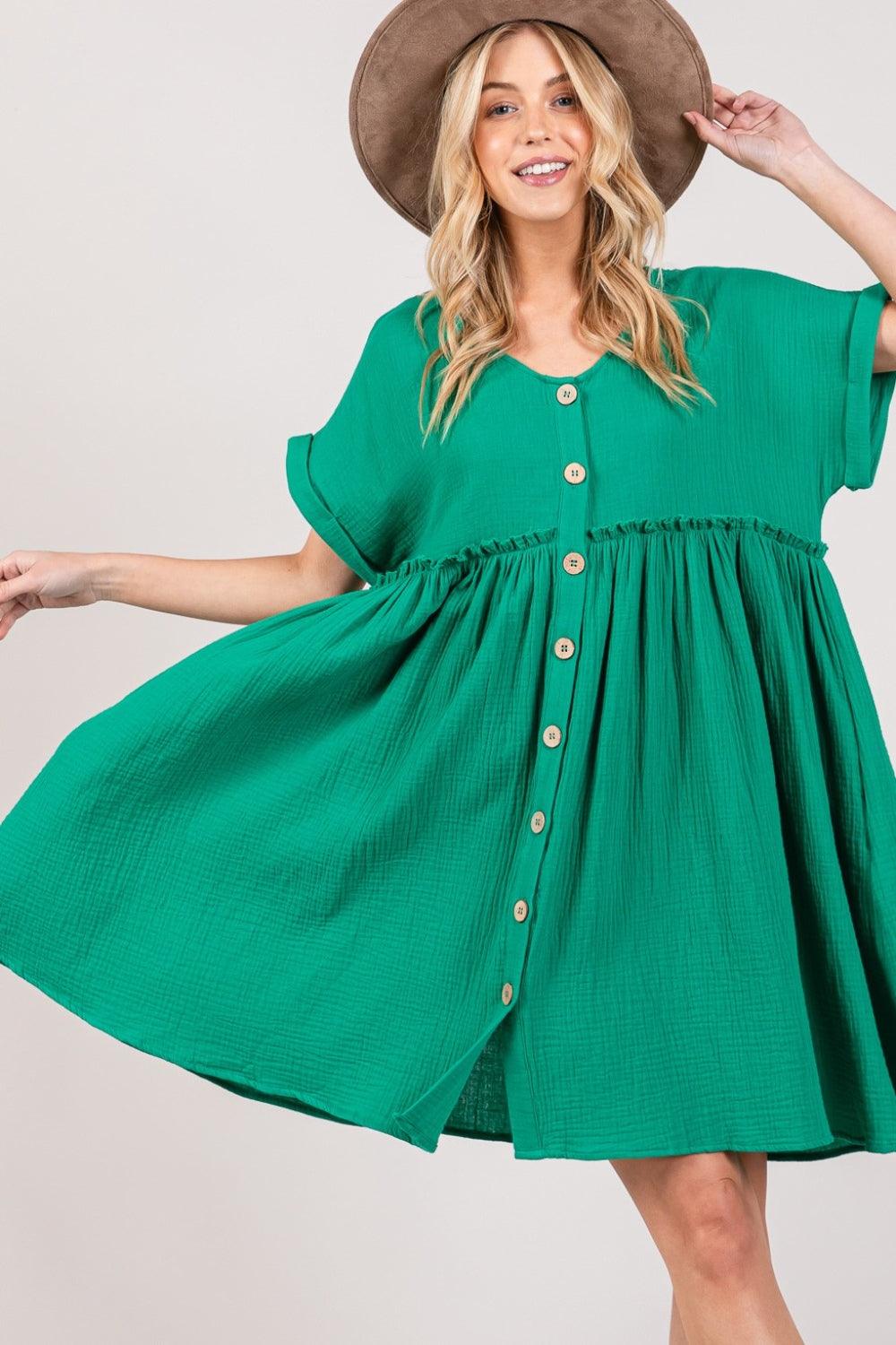 SAGE + FIG Full Size Button Up Short Sleeve Dress - Leo’s Look Your Best