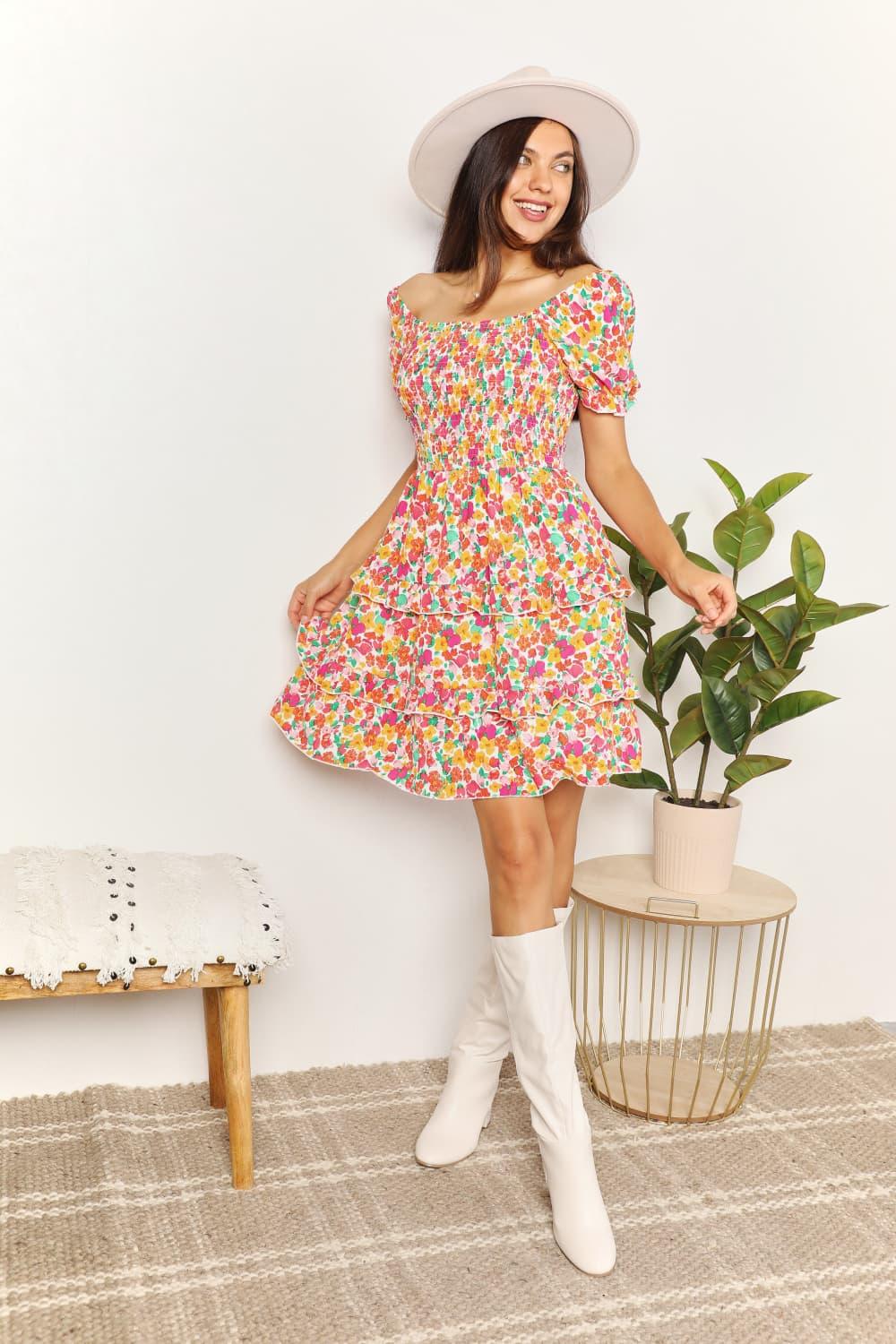 Devine Smocked Sweetheart Neck Flounce Sleeve Mini Dress - Leo’s Look Your Best
