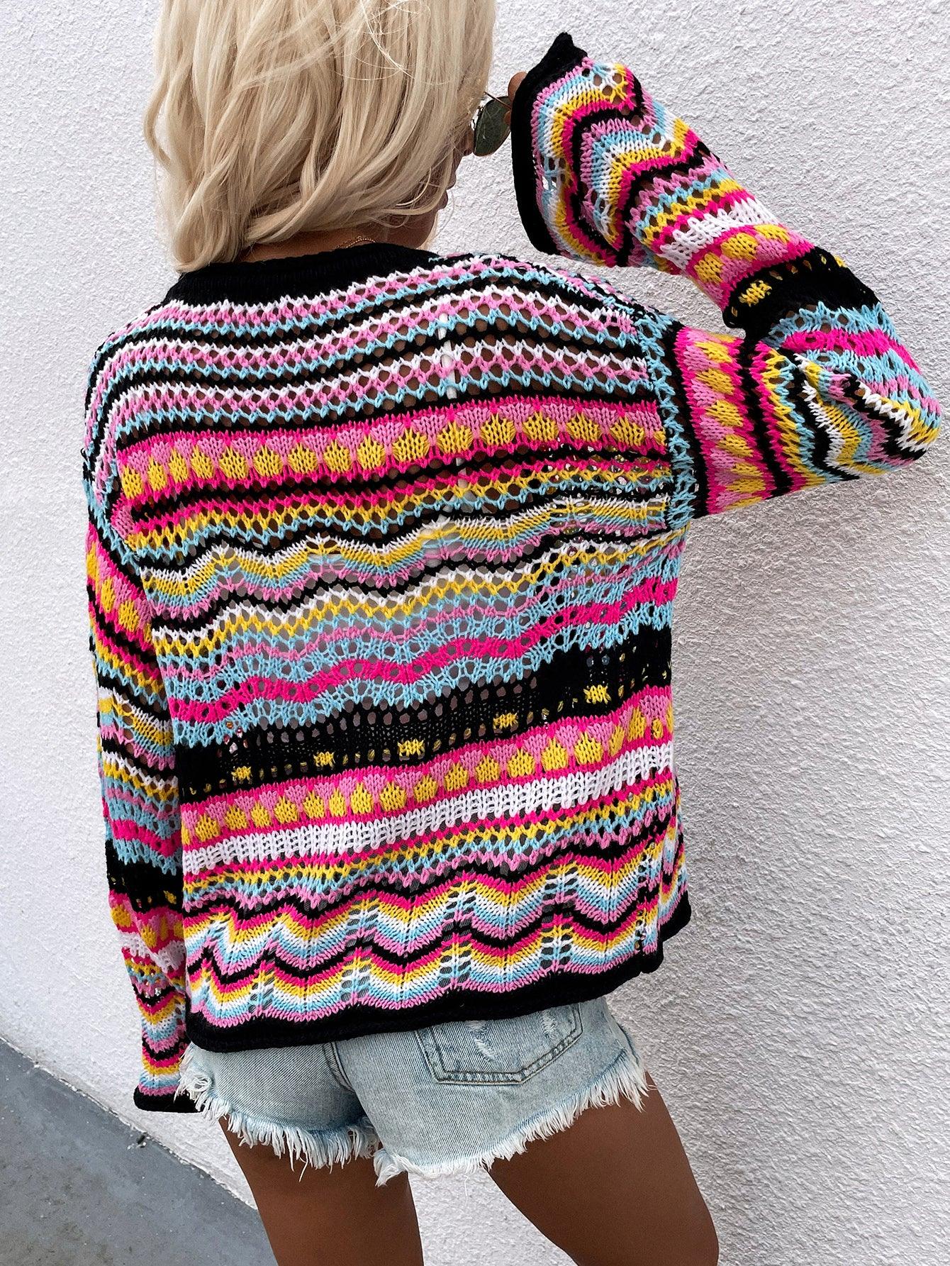 Chevron Stripes Openwork Cardigan - Leo’s Look Your Best