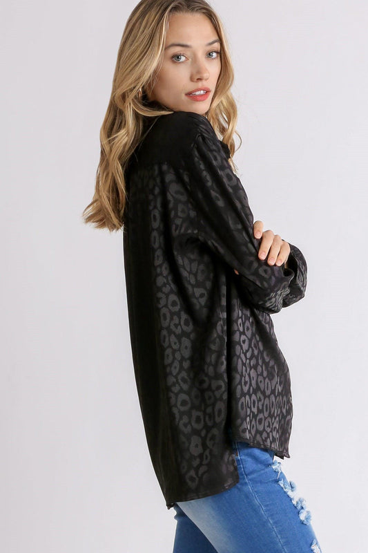 Umgee Full Size Animal Jacquard Print Button Up Long Sleeve Shirt Plus Size - Leo’s Look Your Best