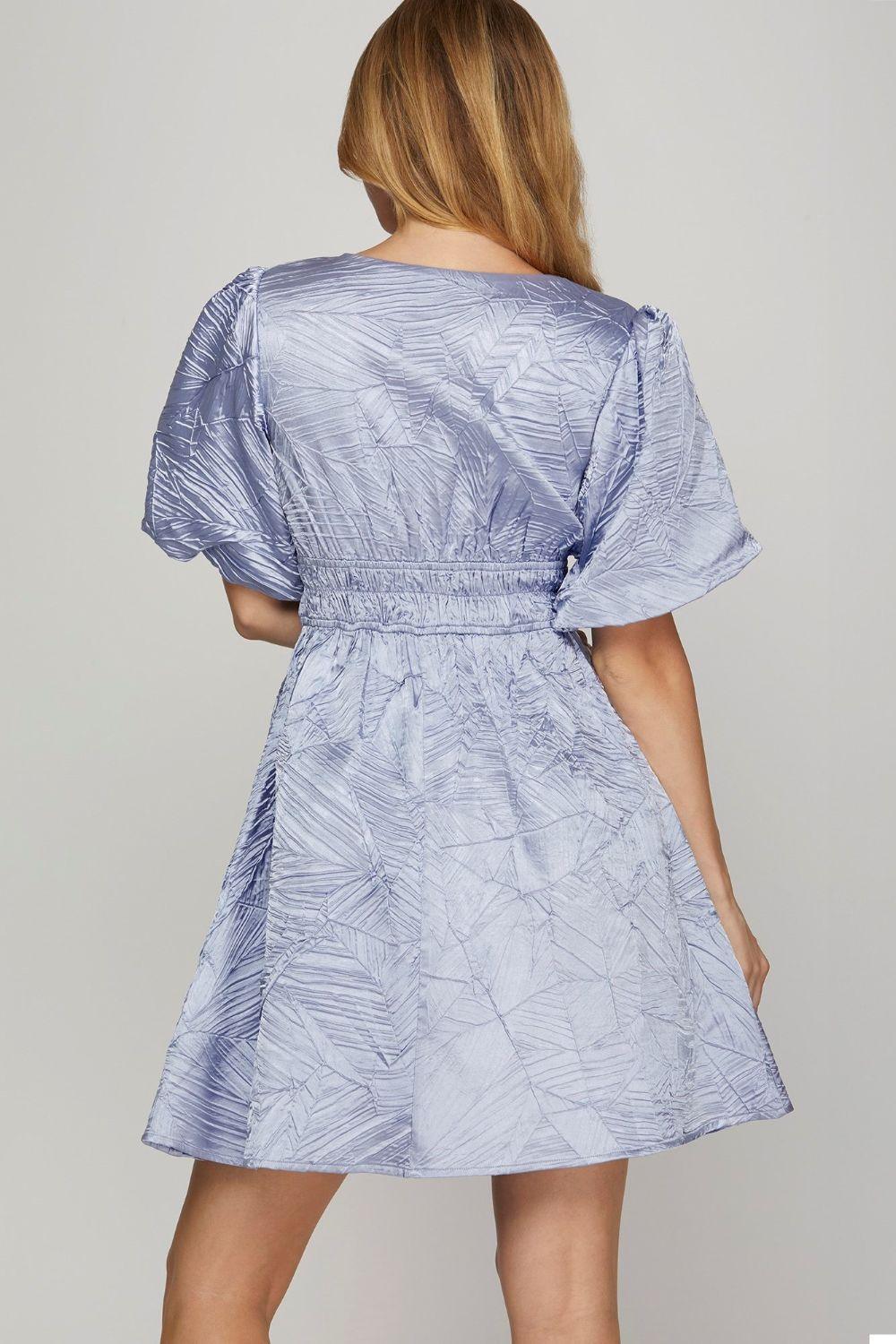 She + Sky Crinkle Woven V-Neck Balloon Sleeve Mini Dress - Leo’s Look Your Best