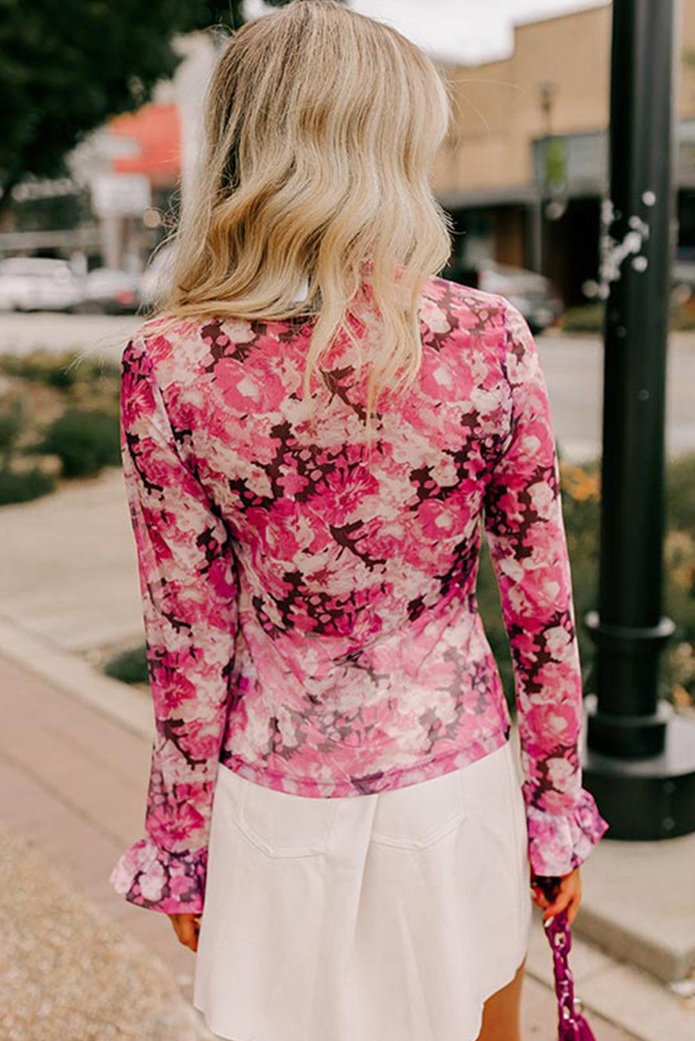 Rose Allover Floral Print Mesh Top - Leo’s Look Your Best
