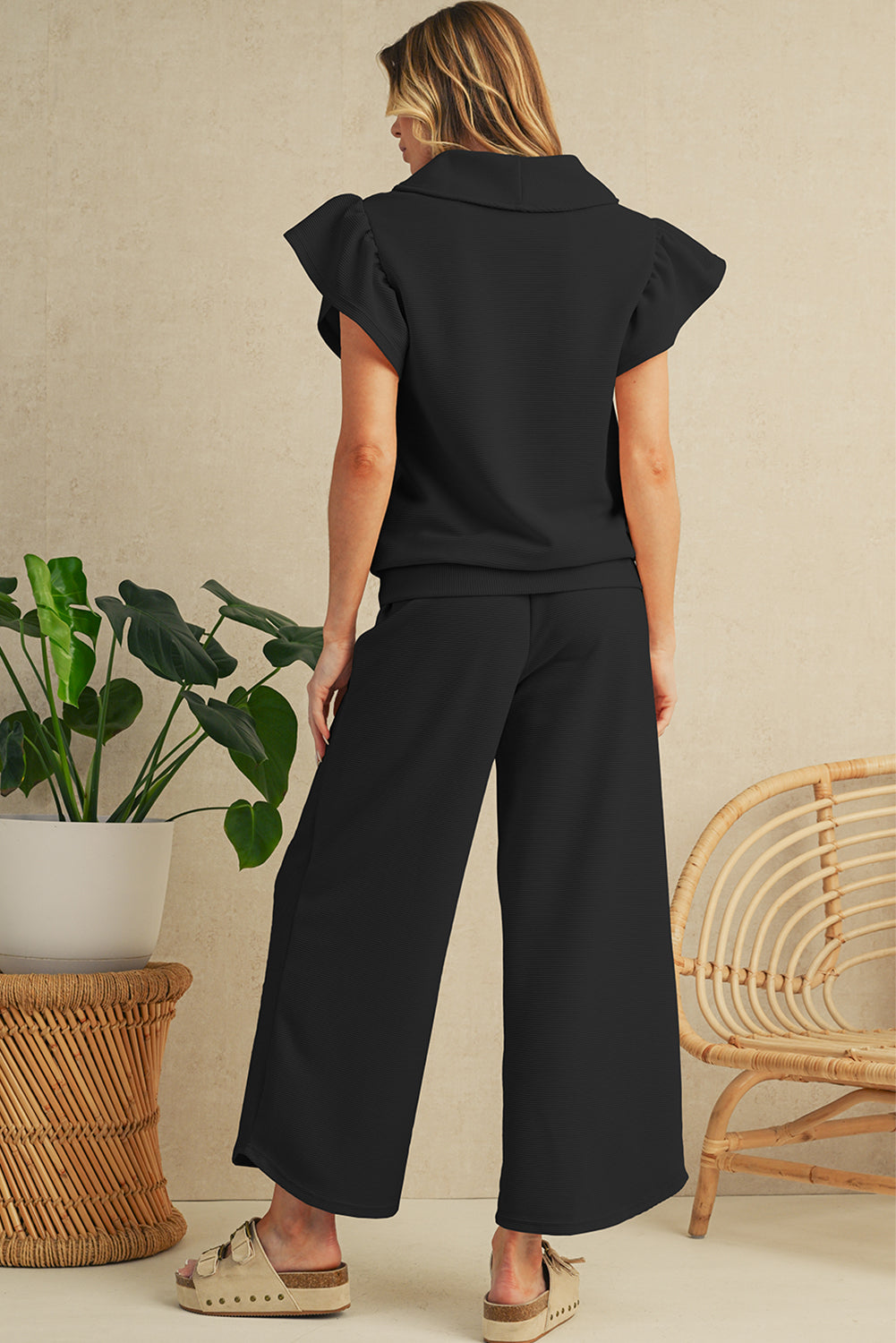 Apricot Textured Ruffle Sleeve Zipped Top and Wide Leg Pants Set