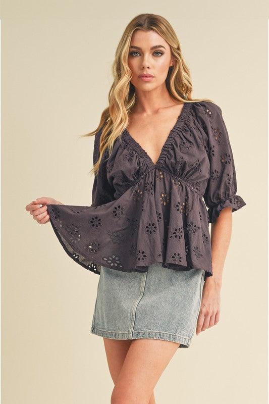 Aemi + Co Eyelet Embroidered V-Neck Half Sleeve Peplum Blouse - Leo’s Look Your Best