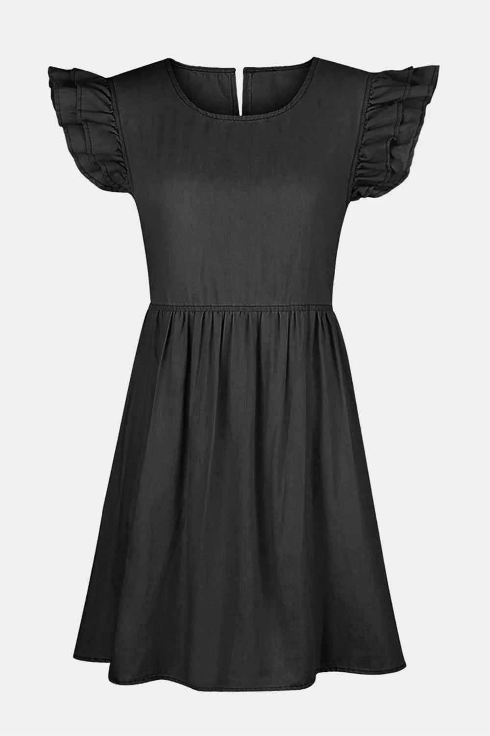 Black dress with ruffled sleeves on a light gray background