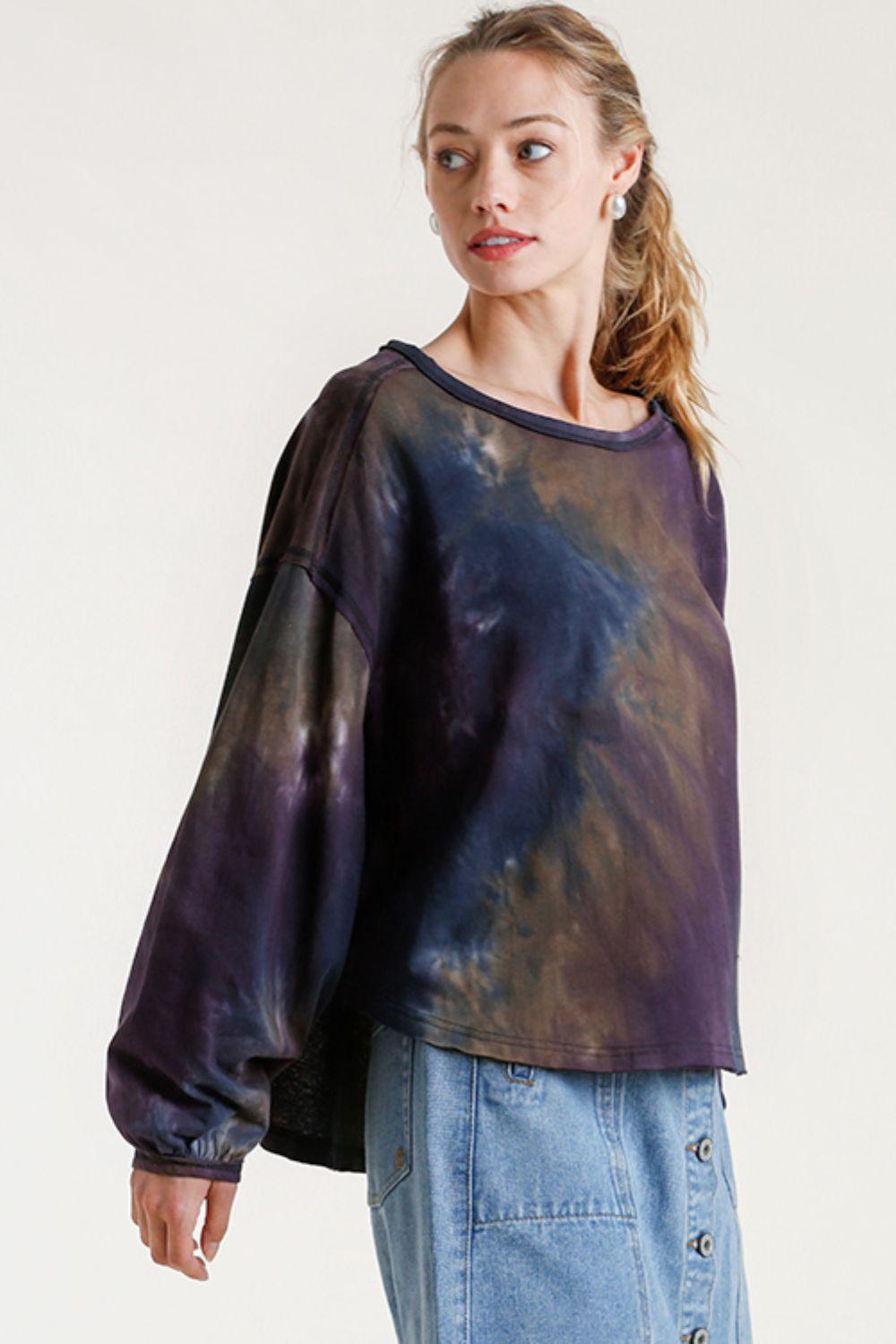 Umgee Full Size Tie Dye Round Neck Long Balloon Sleeve Top Plus Size - Leo’s Look Your Best