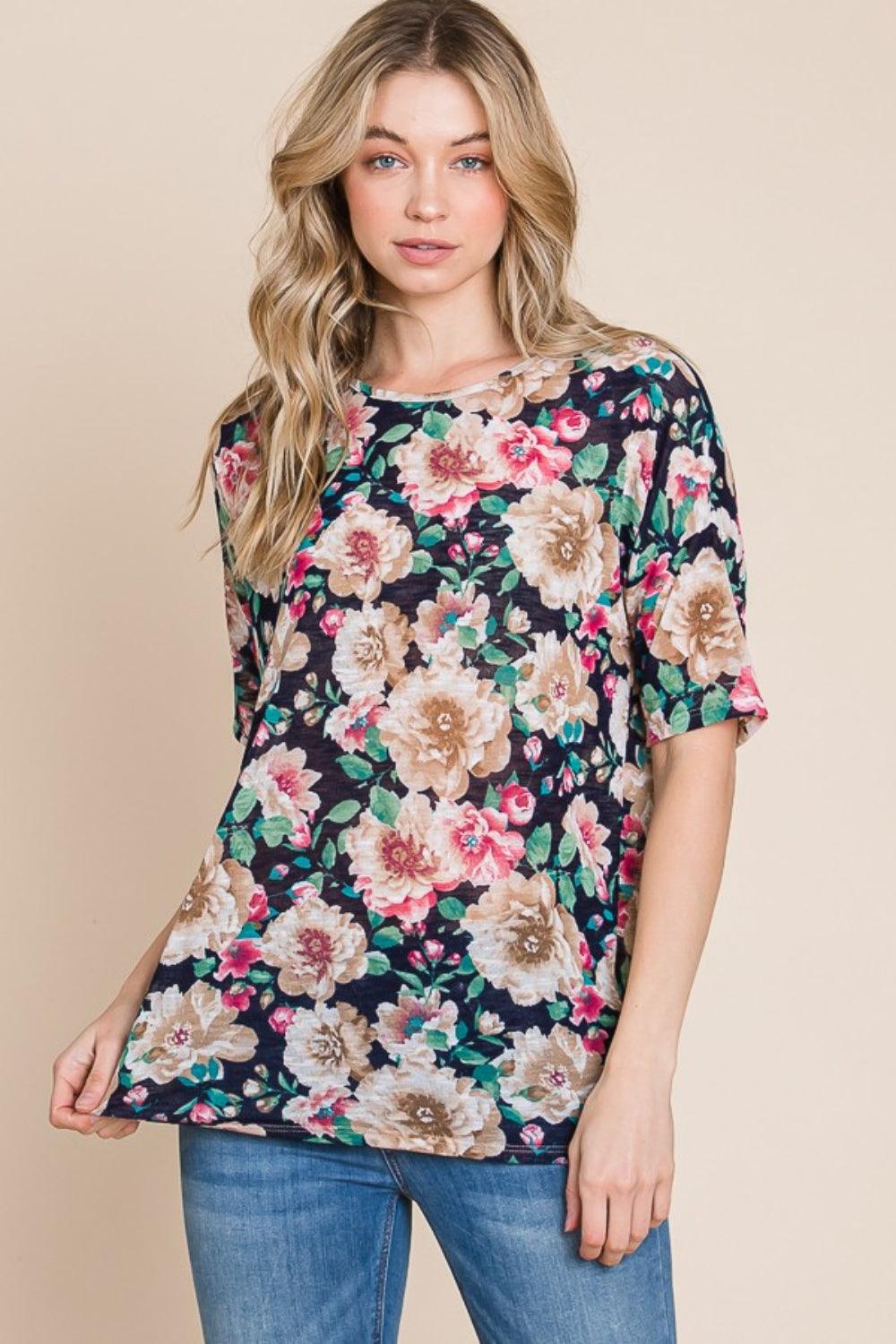 BOMBOM Floral Round Neck T-Shirt - Leo’s Look Your Best