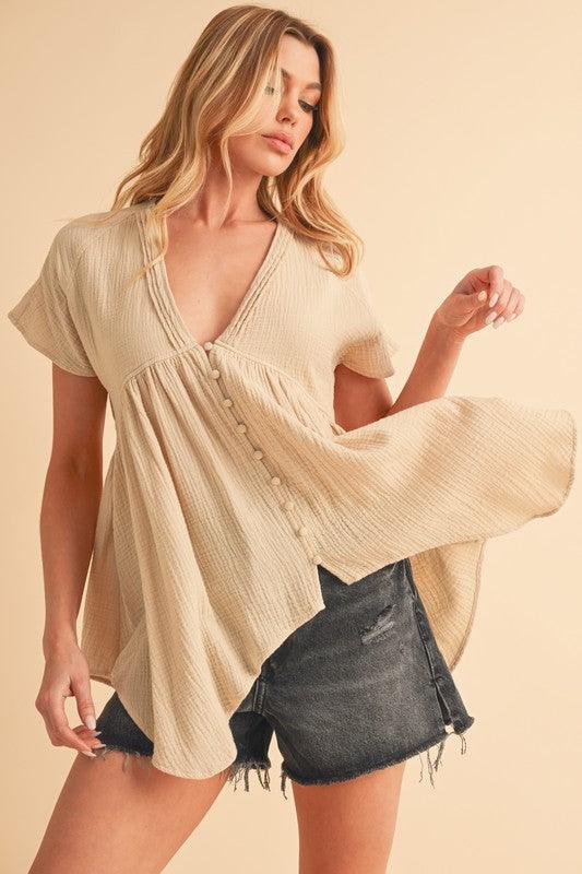 Aemi + Co Tuck Detail V-Neck Short Sleeve Blouse - Leo’s Look Your Best
