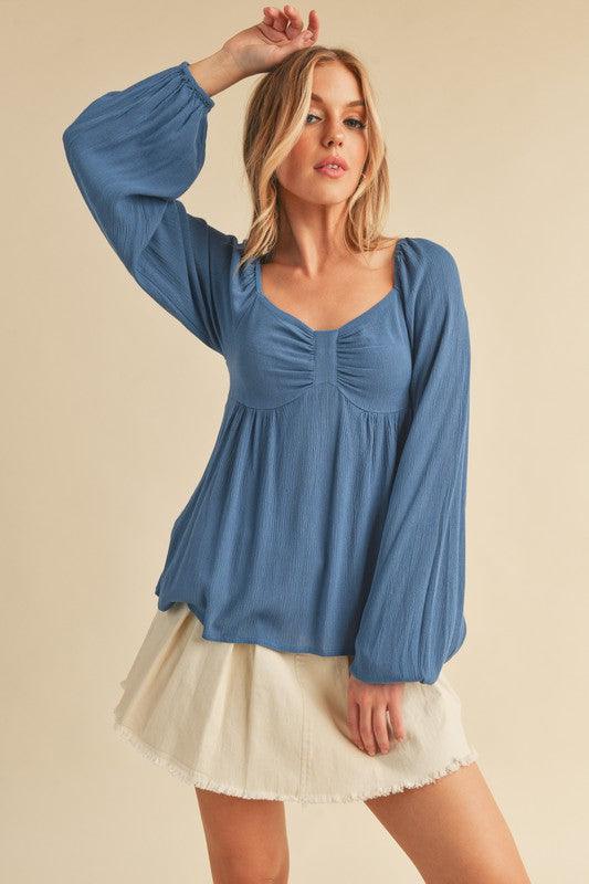Aemi + Co Ruched Sweetheart Neck Balloon Sleeve Blouse - Leo’s Look Your Best