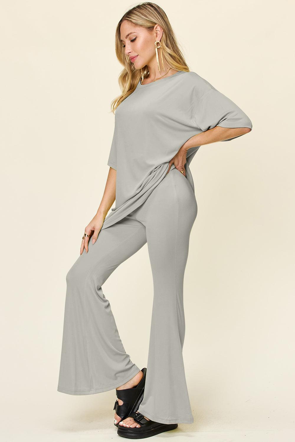 Double Take Full Size Round Neck Drop Shoulder T-Shirt and Flare Pants Set - Leo’s Look Your Best