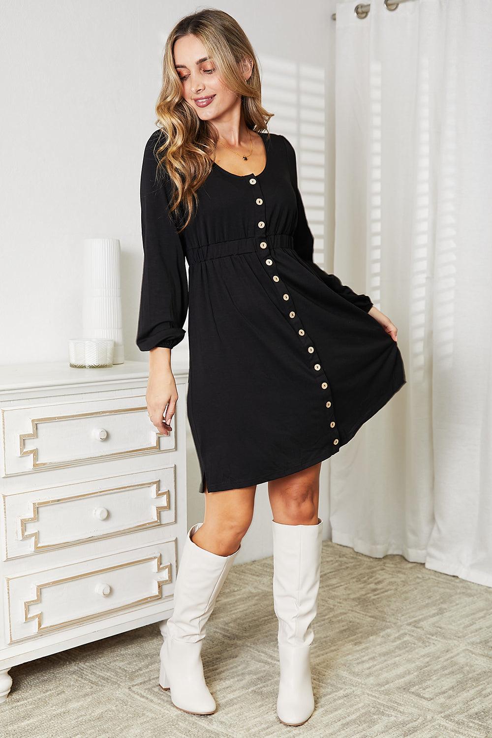 Double Take Scoop Neck Empire Waist Long Sleeve Magic Dress - Leo’s Look Your Best