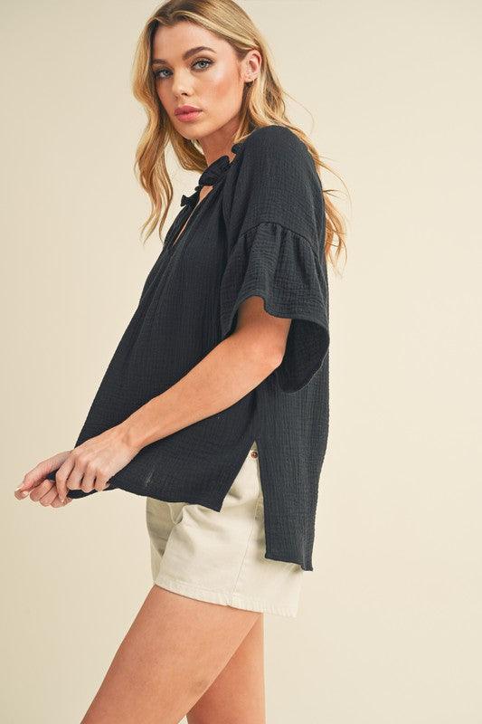 Aemi + Co Side Slit Notched Ruffled Half Sleeve Blouse - Leo’s Look Your Best