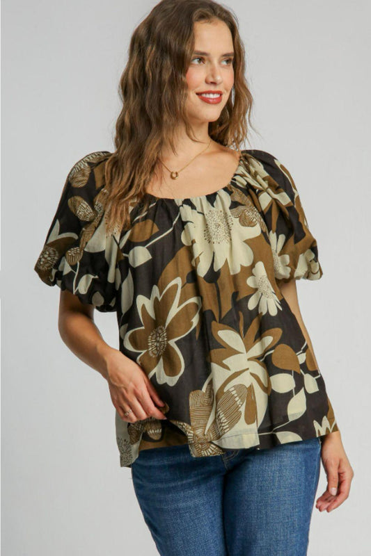 Umgee Full Size Print Round Neck Puff Sleeve Top Plus Size - Leo’s Look Your Best