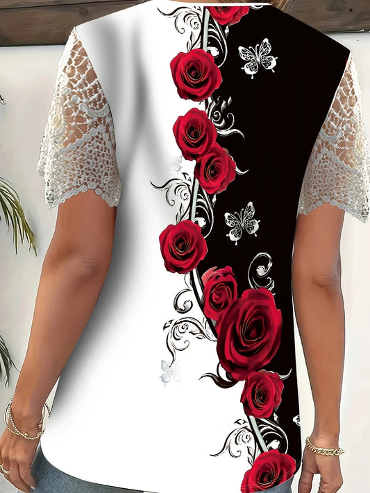 White top with red rose and butterfly design on a black background