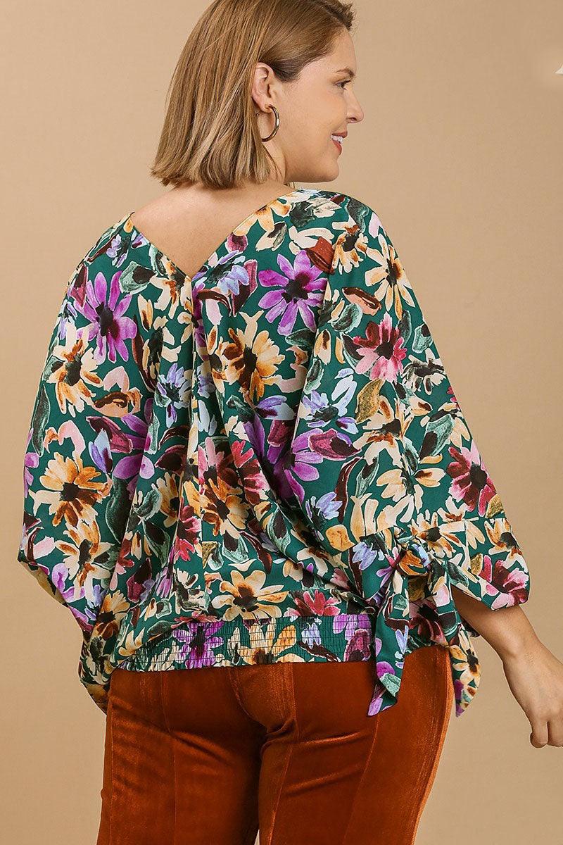 Umgee Full Size Floral V-Neck Tie Sleeve Blouse Plus Size - Leo’s Look Your Best