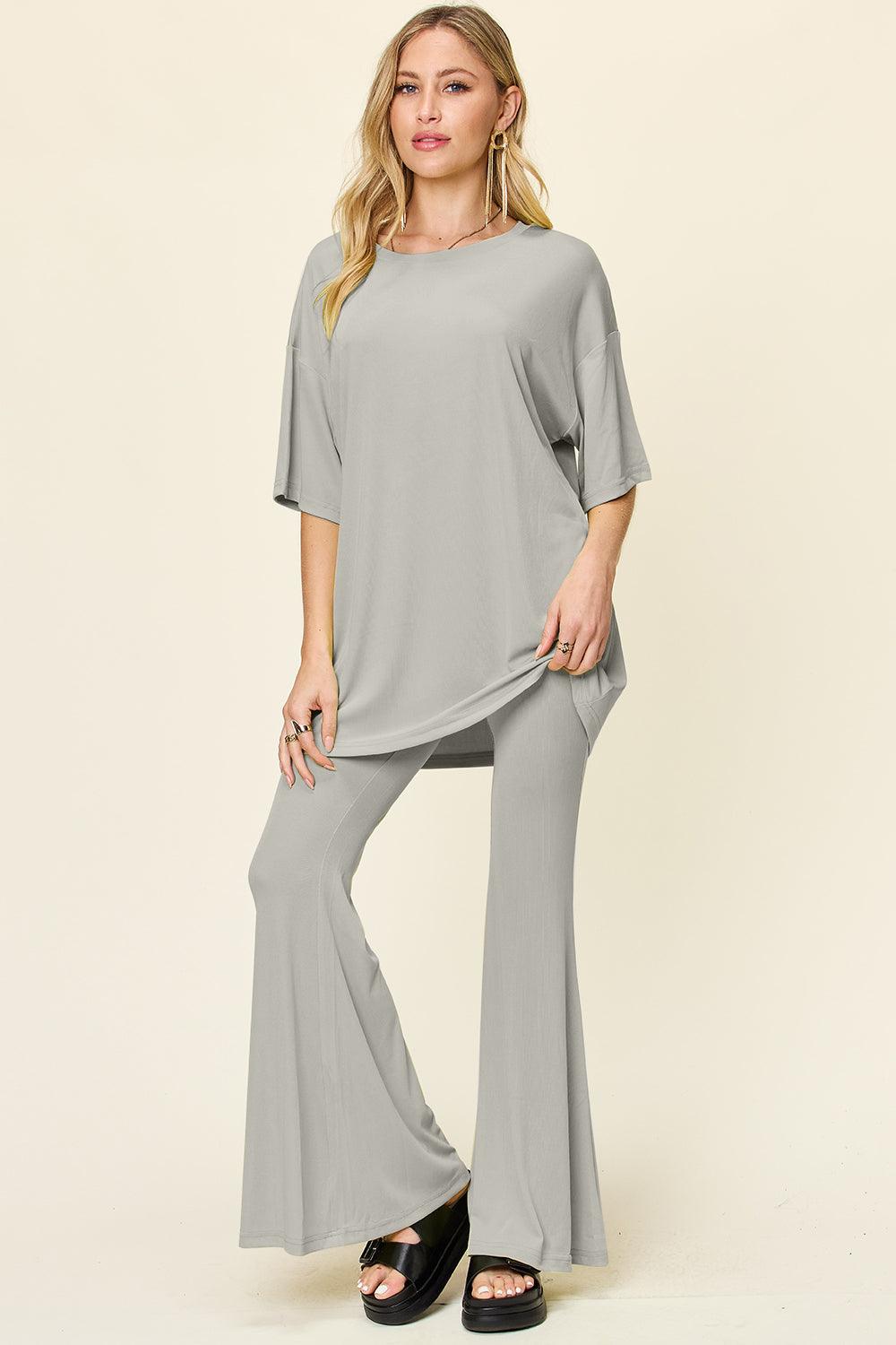 Double Take Full Size Round Neck Drop Shoulder T-Shirt and Flare Pants Set - Leo’s Look Your Best