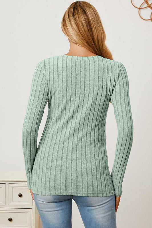 Basic Bae Full Size Ribbed V-Neck Long Sleeve T-Shirt - Leo’s Look Your Best