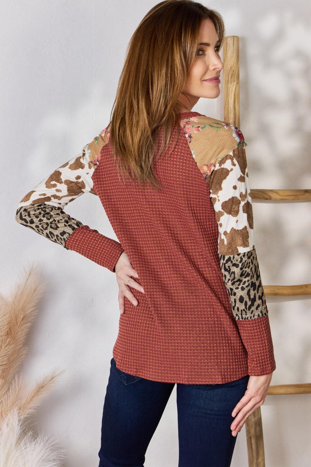 Hailey & Co Full Size Leopard Waffle-Knit Blouse - Leo’s Look Your Best