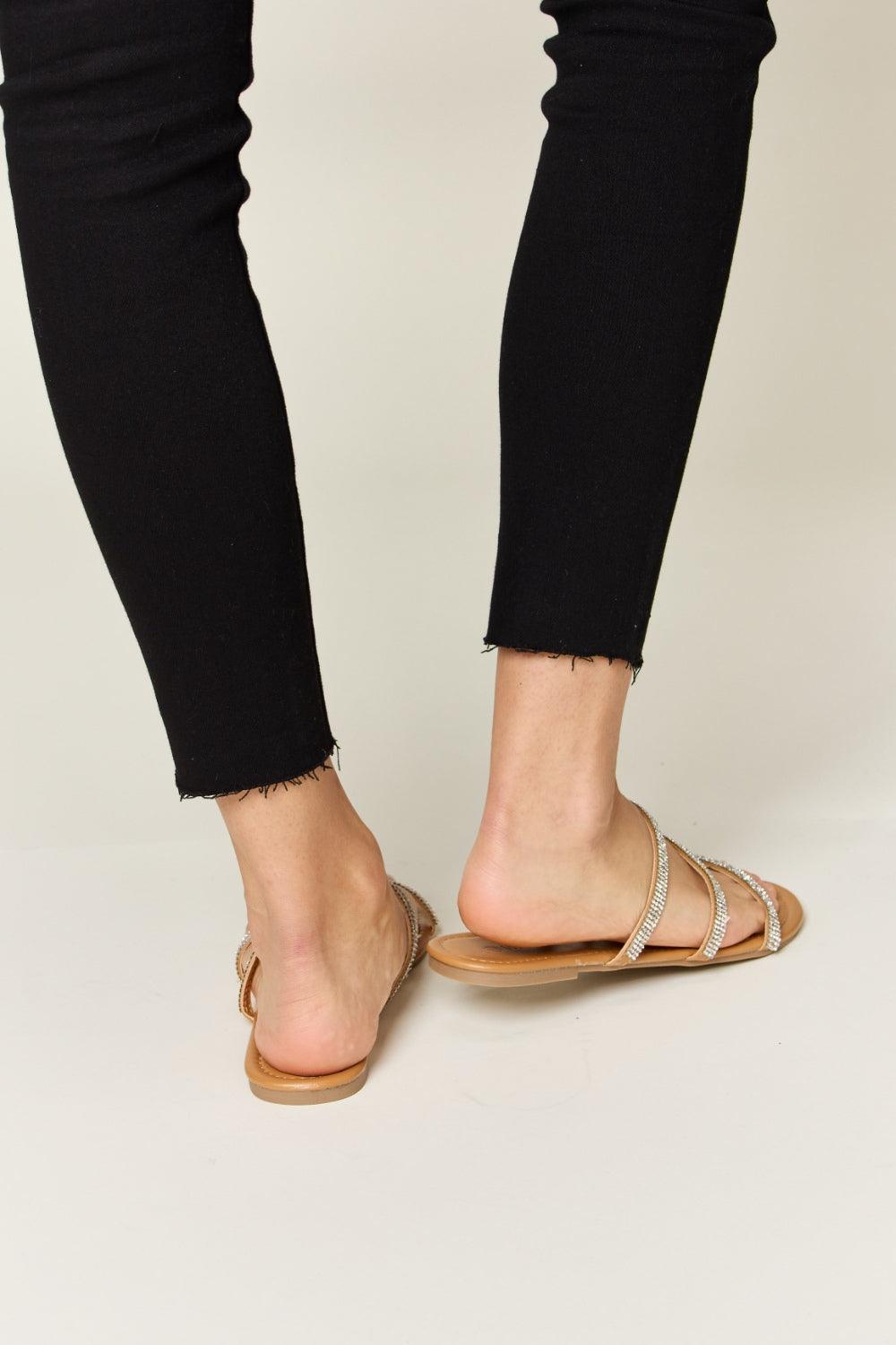 WILD DIVA Rhinestone Three-Strap Flat Sandals - Leo’s Look Your Best