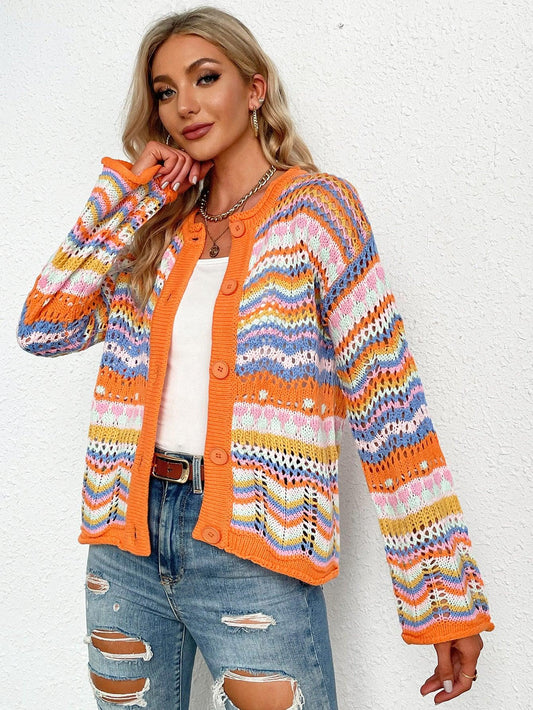 Chevron Stripes Openwork Cardigan - Leo’s Look Your Best
