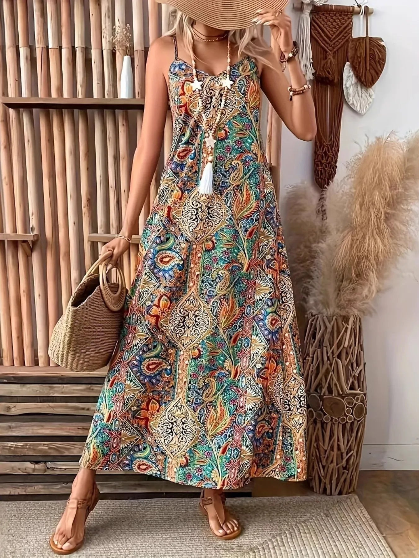 Woman wearing a colorful patterned dress in a home setting with wooden shelves and decorative items.