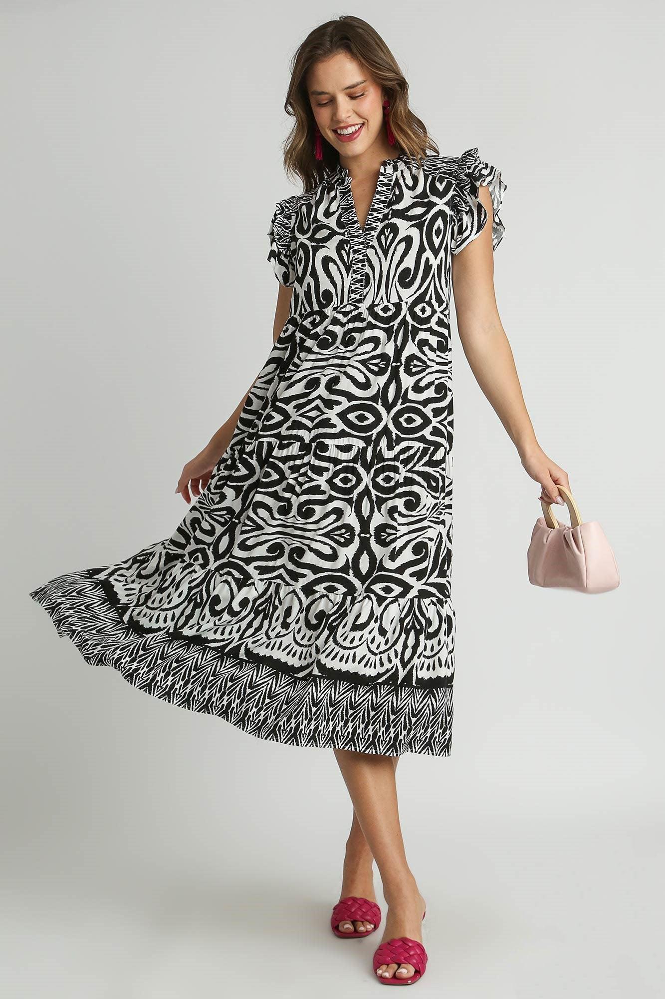 Umgee Full Size Two Tone Border Print Ruffle Cap Sleeve Midi Dress Plus Size - Leo’s Look Your Best