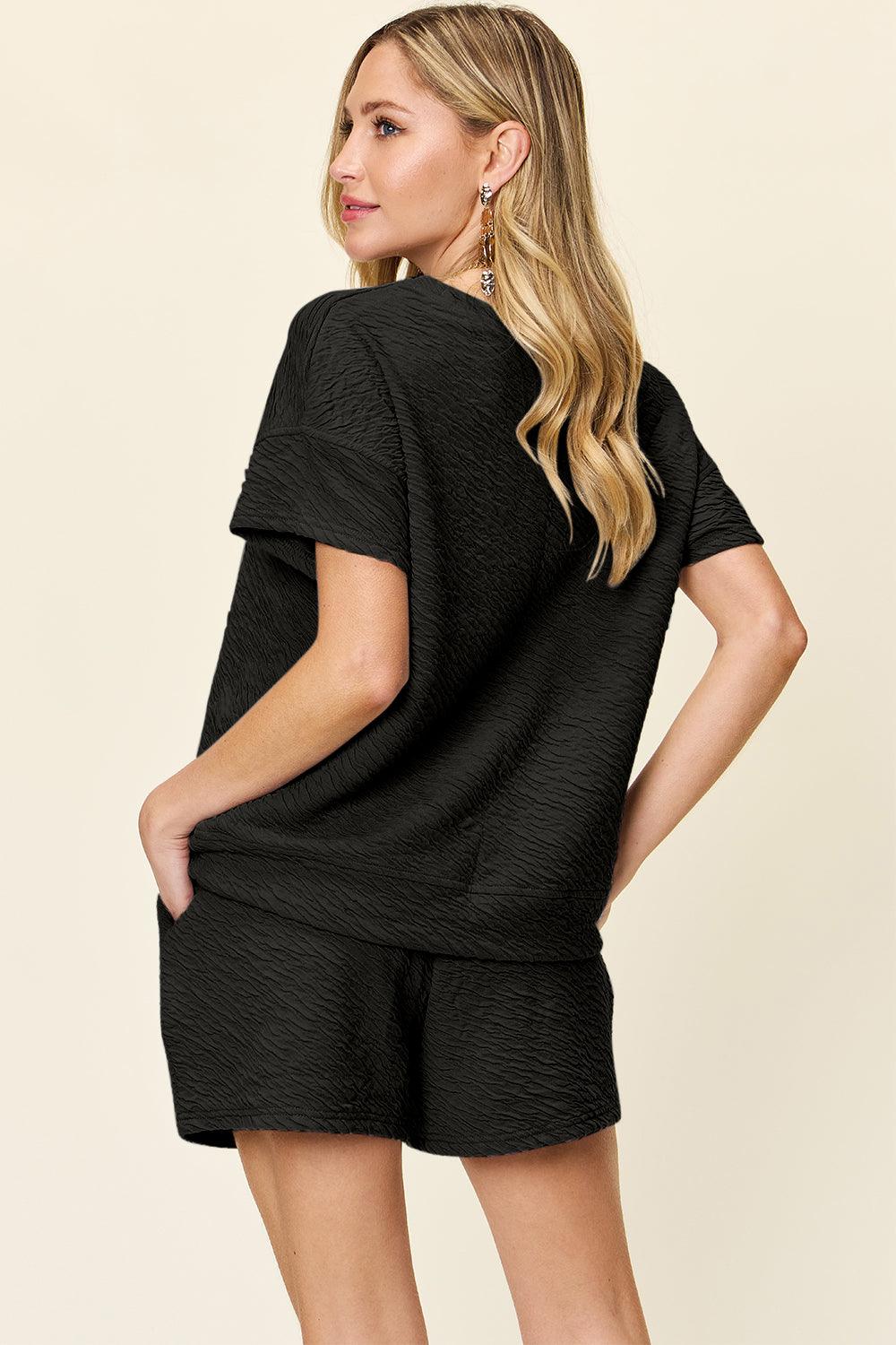 Double Take Full Size Texture Short Sleeve T-Shirt and Drawstring Shorts Set - Leo’s Look Your Best