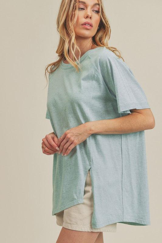 Aemi + Co Asymmetrical Front Slit Round Neck Raglan Sleeve T-Shirt - Leo’s Look Your Best