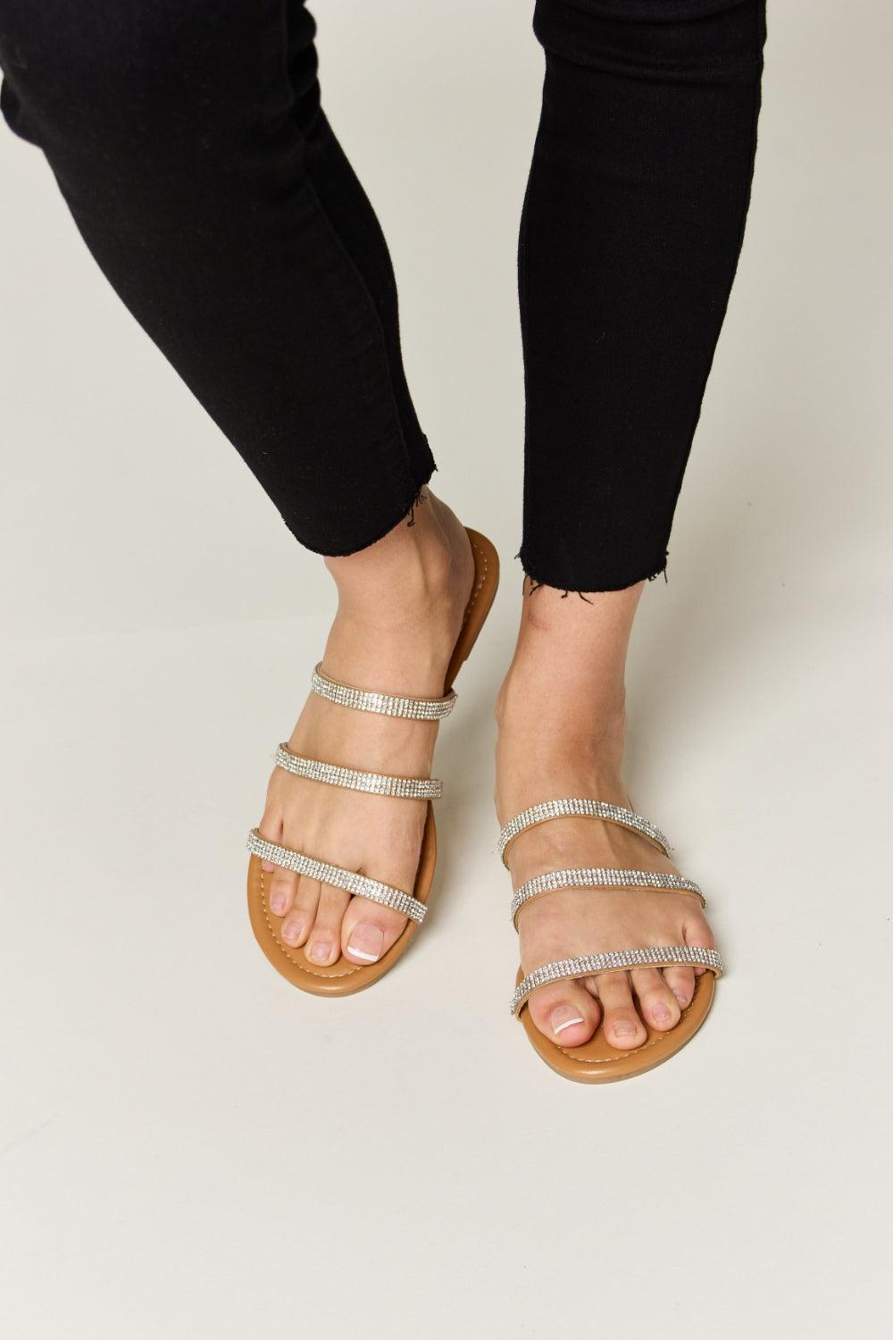WILD DIVA Rhinestone Three-Strap Flat Sandals - Leo’s Look Your Best