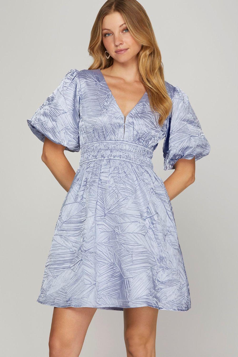 She + Sky Crinkle Woven V-Neck Balloon Sleeve Mini Dress - Leo’s Look Your Best