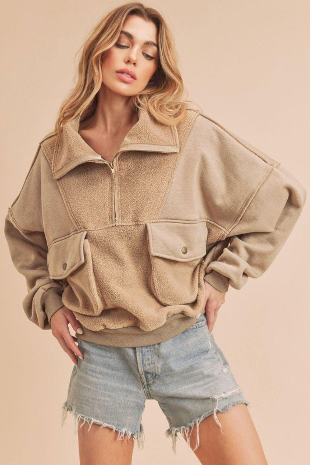Aemi + Co Exposed Seam Half Zip Sweatshirt with Pockets - Leo’s Look Your Best