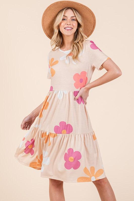 BOMBOM Floral Round Neck Short Sleeve Tiered Dress - Leo’s Look Your Best
