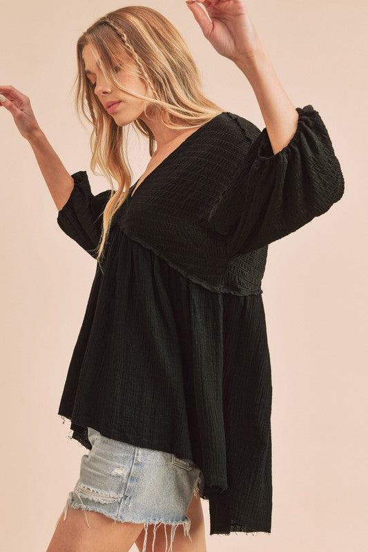 Aemi + Co High-Low Frayed Hem V-Neck Blouse - Leo’s Look Your Best